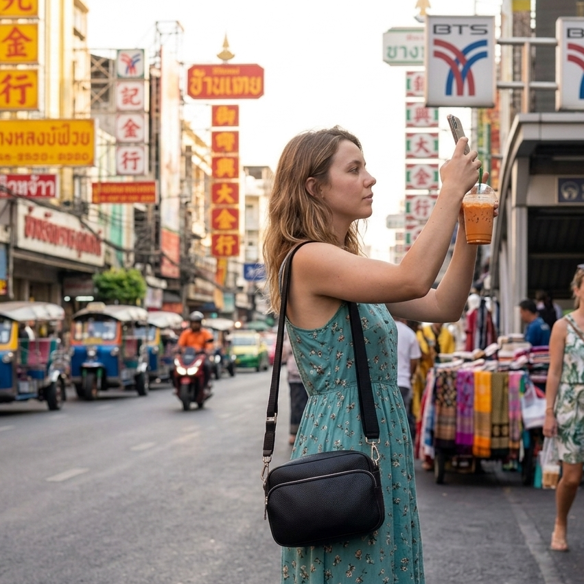 A woman in a teal patterned dress stands on a busy city street taking a mirror selfie, carrying a black crossbody bag. The background features street vendors, tuk-tuks, and colorful shopfronts with signage.