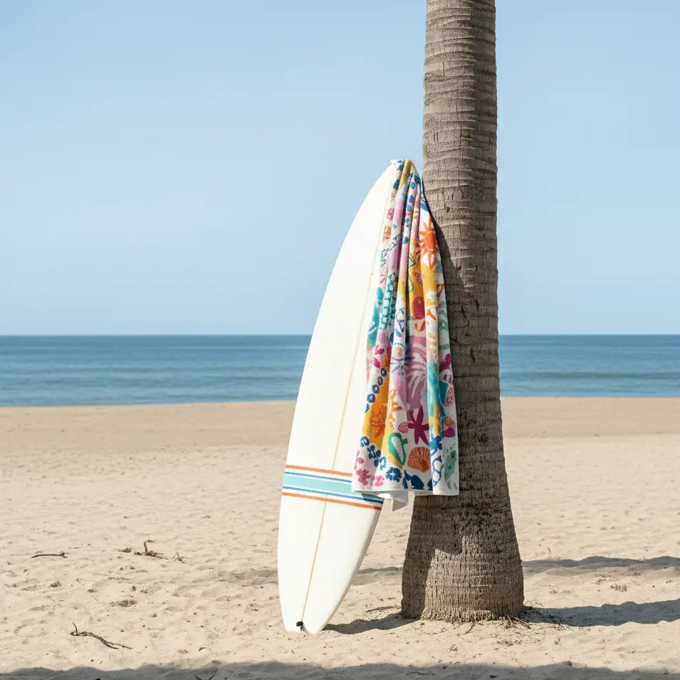 Colourful Beach Towel hanging beside a palm tree with a surfing board.