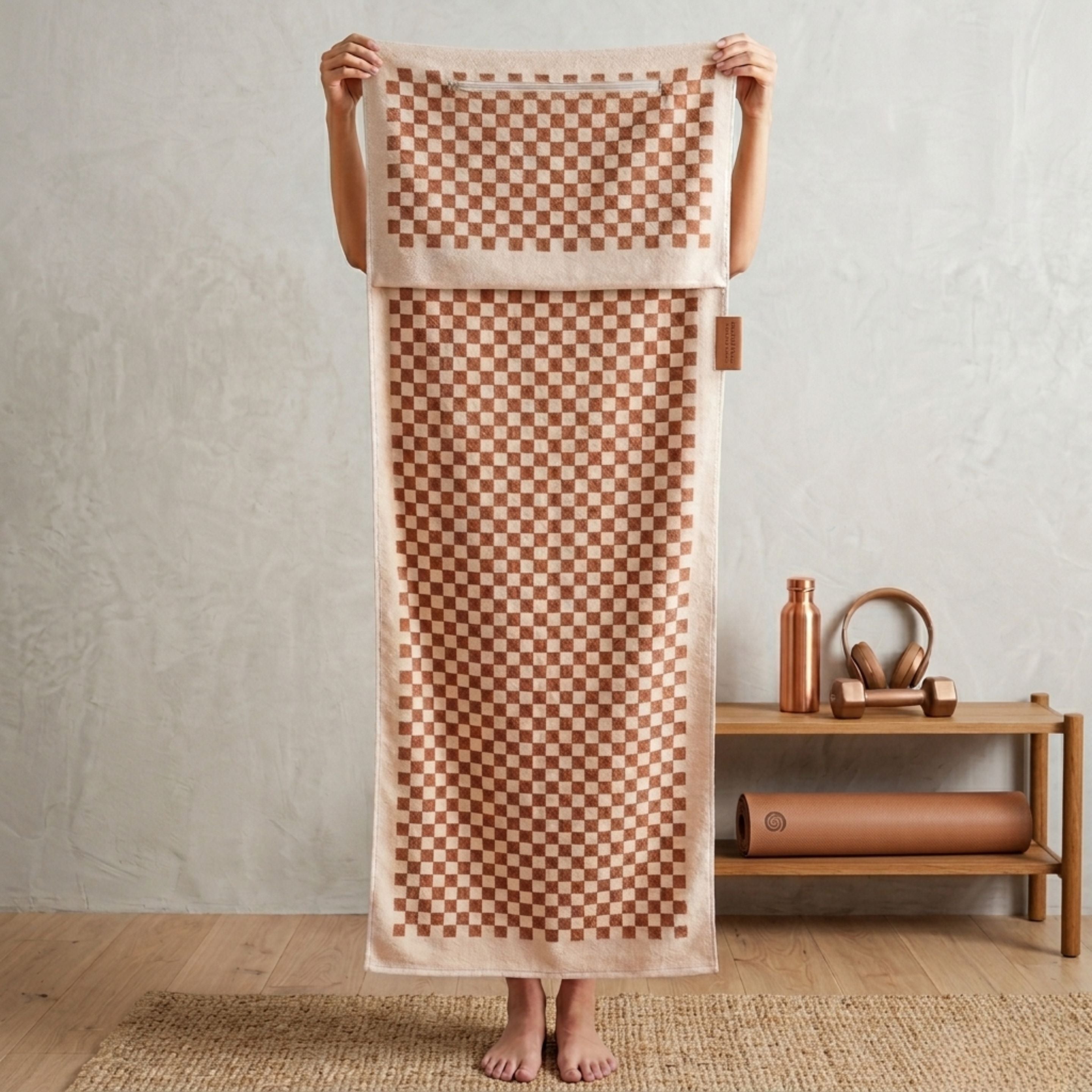 Aperson holding up a long checkered towel vertically, displaying its full design. The towel features a brown and cream checkerboard pattern, giving it a clean, classic look. Near the top of the towel is a hidden zip pocket, designed to store small items such as keys, a phone, or cards while at the beach, gym, or during yoga.