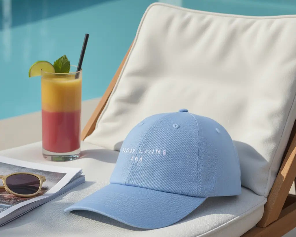 by a pool on holiday a baby blue funny trending slogan womens australia beach baseball cap hat slow living era 