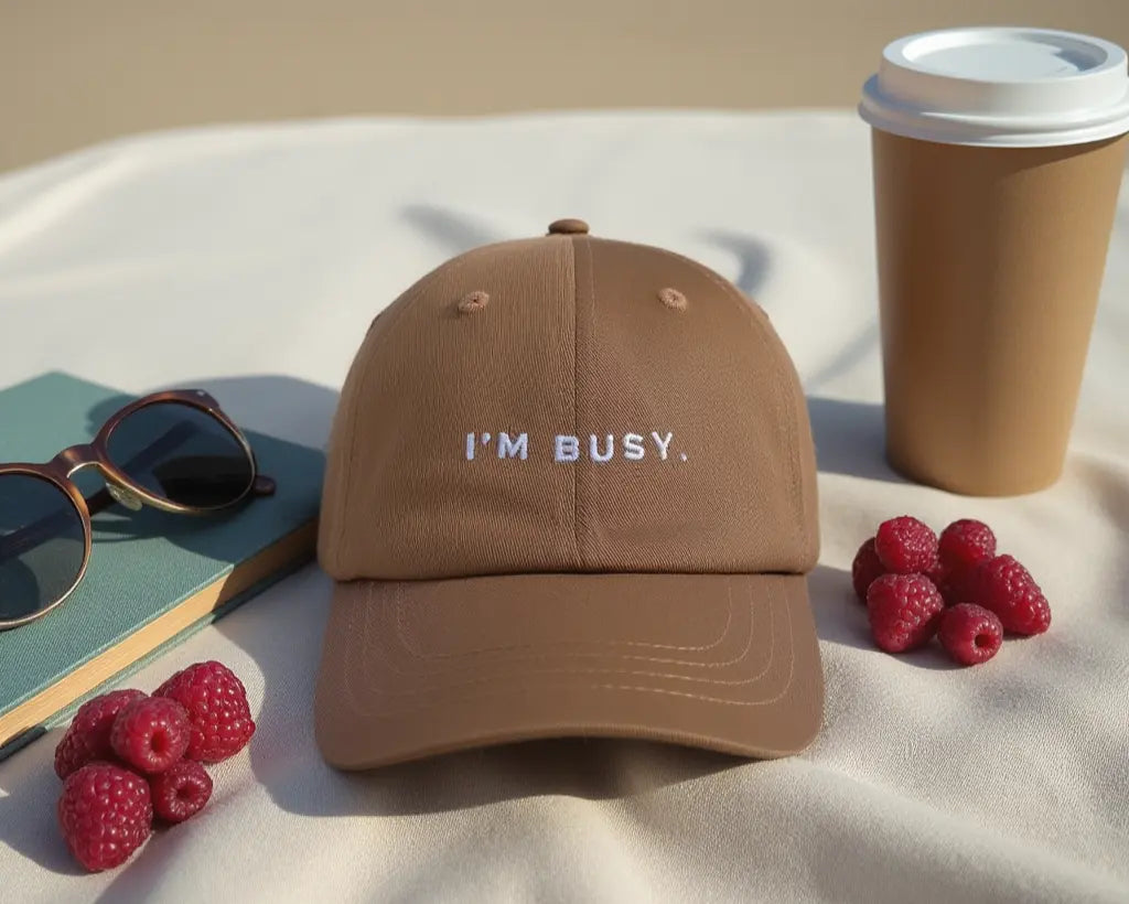brown I'm busy hat funny trending slogan womens australia beach baseball cap with on a beach on the gold coast australia 