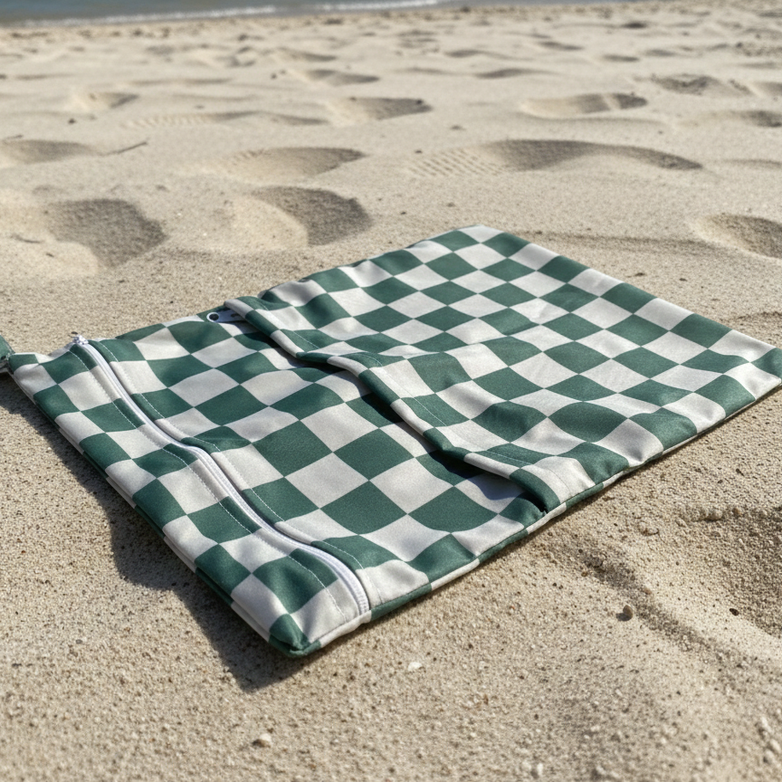green-checkered-beach-towel-bag-with-zip-pocket