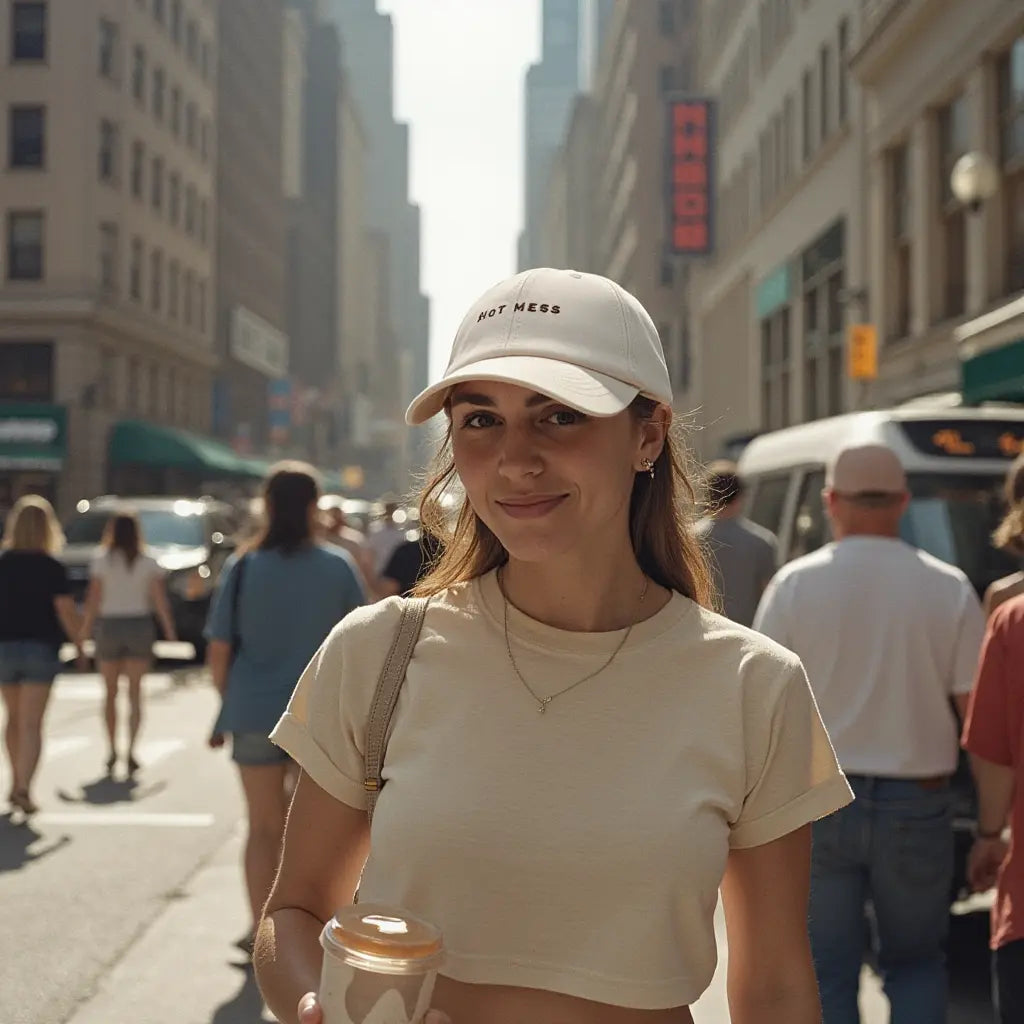 girl standing in  gold coast city waering off white funny trending slogan womens australia beach baseball cap hat hot mess 3 girl